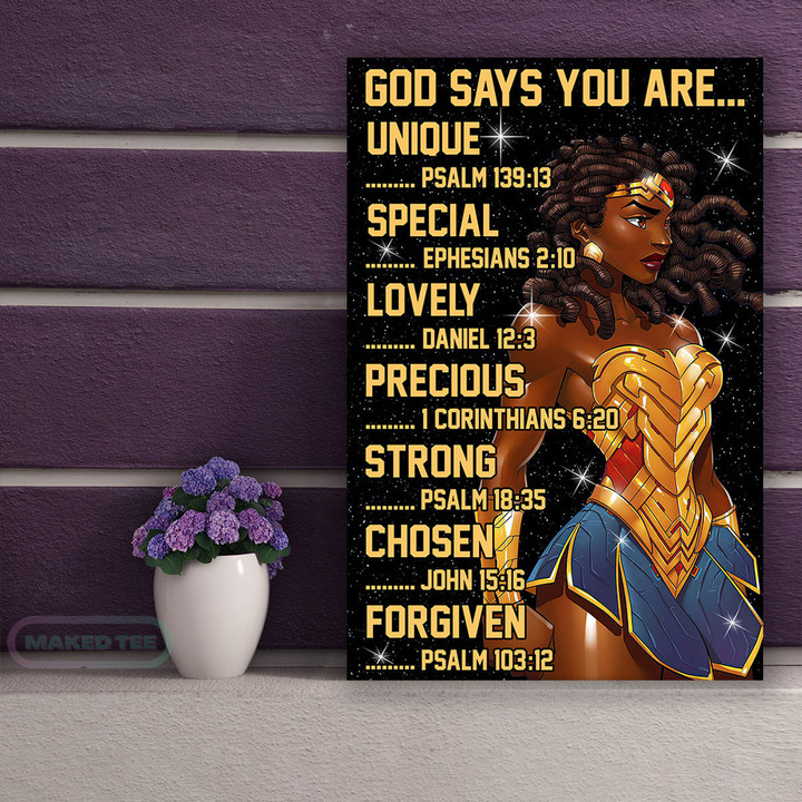 Black Wonder Woman God Says You Are Unique Special Lovely Precious Strong Chosen Forgiven Print Wall Art Canvas Prints