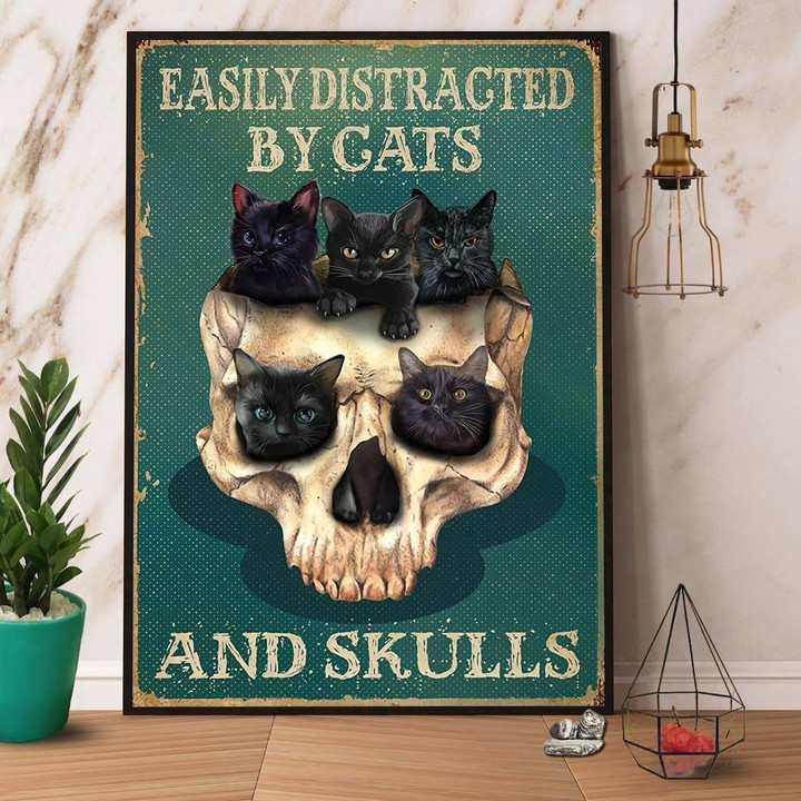 Black Cat Skull Easily Distracted By Cats And Skulls Cat Lover Satin Portrait Wall Art Canvas - MakedTee