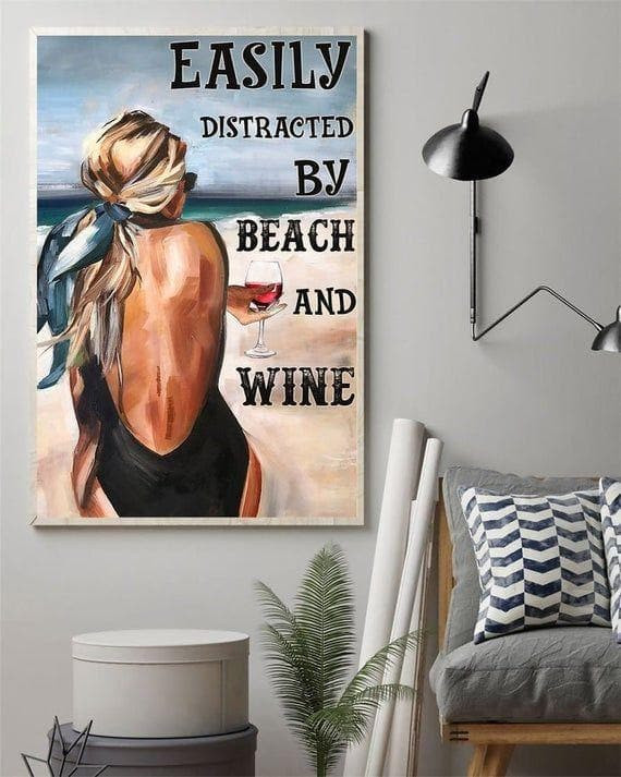 Girl Easily Distracted By Beach And Wine Print Wall Art Canvas - MakedTee