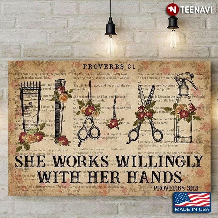 Floral Hair Beauty Salon Equipment Hairstylist She Works Willingly With Her Hands Proverbs 31:13 Canvas - MakedTee