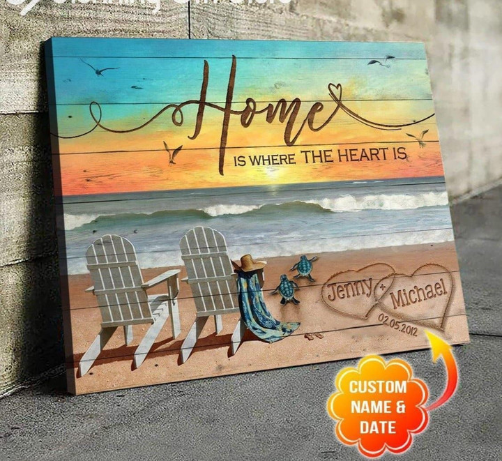Personalized Name Text Wall Hanging Beach Turtle Home Is Where The Heart Is Wall Art Canvas - MakedTee
