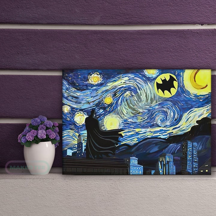 Batman Starry Night Van Gogh Oil Painting Style For Fan Print Wall Art Decor Canvas - MakedTee
