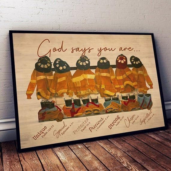 Firefighter God Says You Are Unique Special Lovely Precious Strong Chosen Forgiven Print Wall Art Decor Canvas - MakedTee
