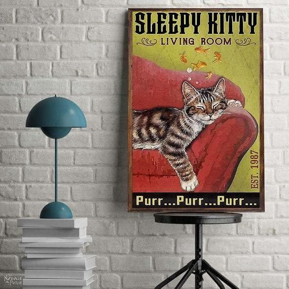Cat Poster Sleepy Kitty Living Room Cat Print Wall Art Decor Canvas - MakedTee