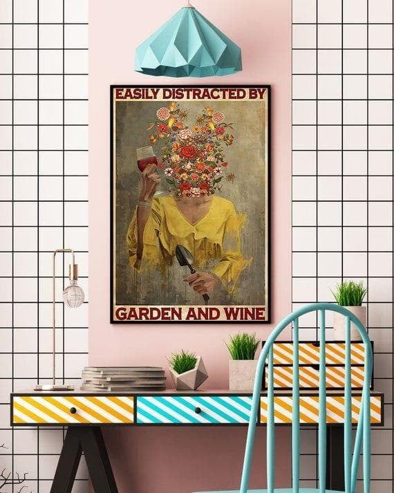 Vintage Easily Distracted By Garden And Wine Poster Wine Glass Poster Pot Head Gardening Print Wall Art Canvas - MakedTee