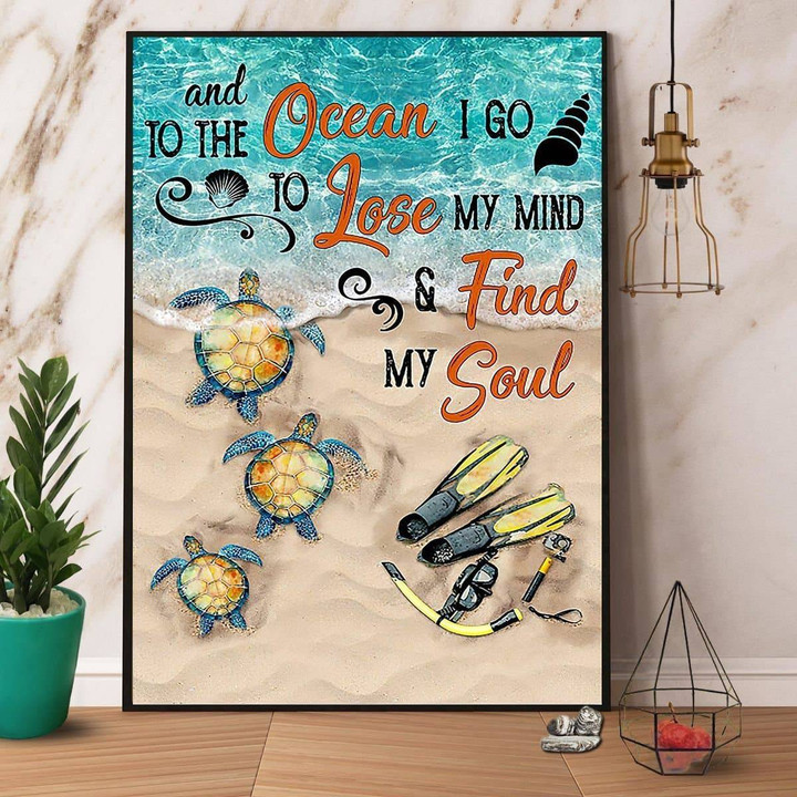Beach Scene Turtle And To The Ocean I Go To Lose My Mind & Find My Soul Satin Portrait Wall Art Canvas - MakedTee