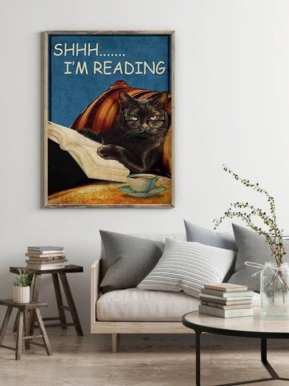 Black Cat Shhh I'M Reading Print Wall Art Decor Canvas - MakedTee