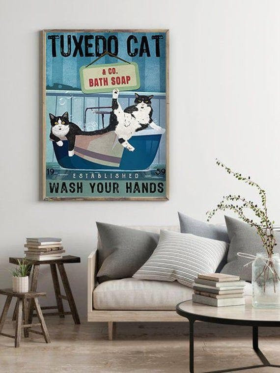 Tuxedo Cat Co Bath Soap Wash Your Hand Bathroom Decor Printed Wall Art Decor Canvas - MakedTee