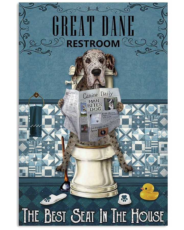 Great Dane Restroom The Best Seat Reading News In Restroom Funny Printed Wall Art Decor Canvas - MakedTee