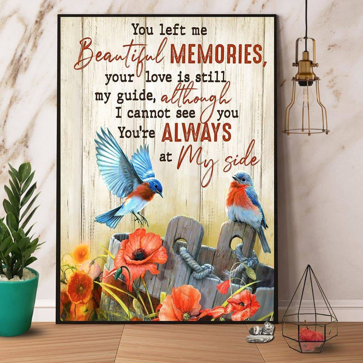 Blue Birds You Left Me Beautiful Memories You'Re Always At My Side Satin Portrait Wall Art Canvas - MakedTee