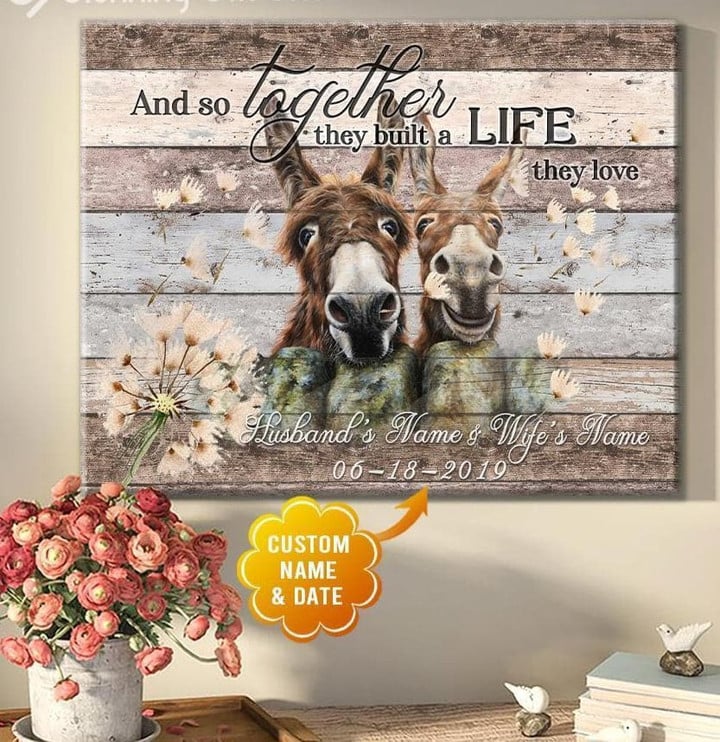 Personalized Name Text And Donkey Couple Wall Art And So Together They Wall Art Canvas - MakedTee