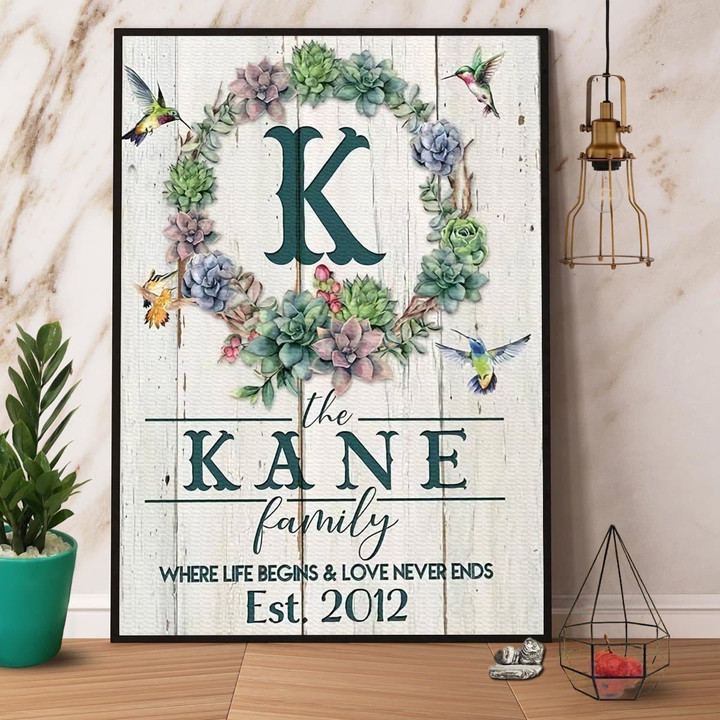Hummingbird The Kane Family Where Life Begins And Love Never Ends Satin Portrait Wall Art Canvas - MakedTee