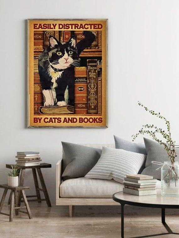 Easily Distracted By Cats & Books Tuxedo Cat Vintage Library Decor Print Wall Art Decor Canvas - MakedTee