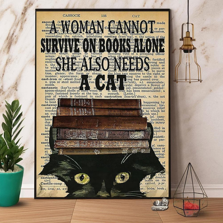 Black Cat & Books A Woman Cannot Survive On Books Alone Satin Portrait Wall Art Canvas - MakedTee