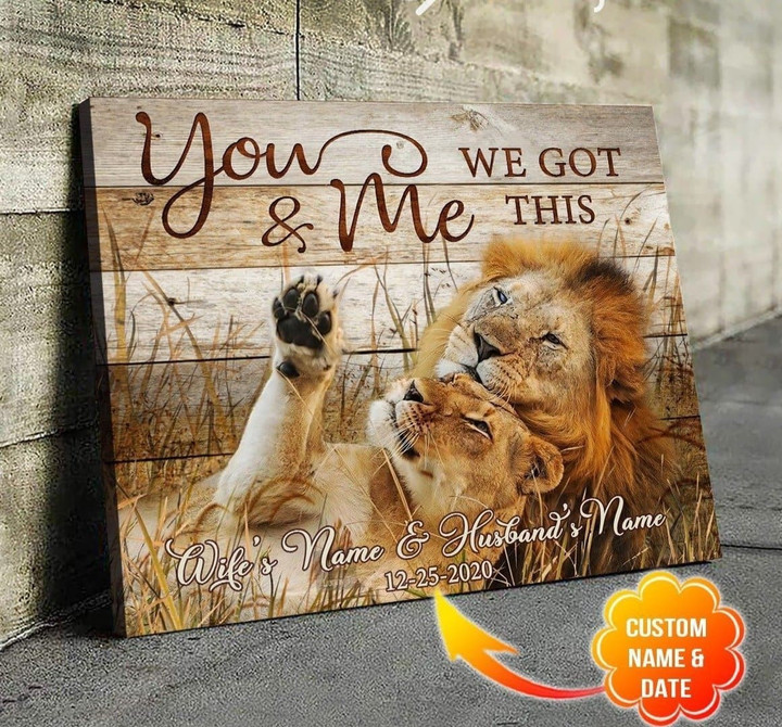 Personalized Name Text Lion And Gift Wall Art Decor Gift Idea For Wedding Anniversary Wall Art Canvas - MakedTee
