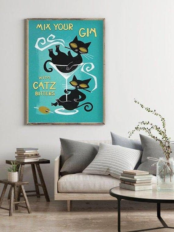 Black Cats Mix Your Gin With Catz Bitters Vinatge Food And Drink Printed Wall Art Decor Canvas - MakedTee