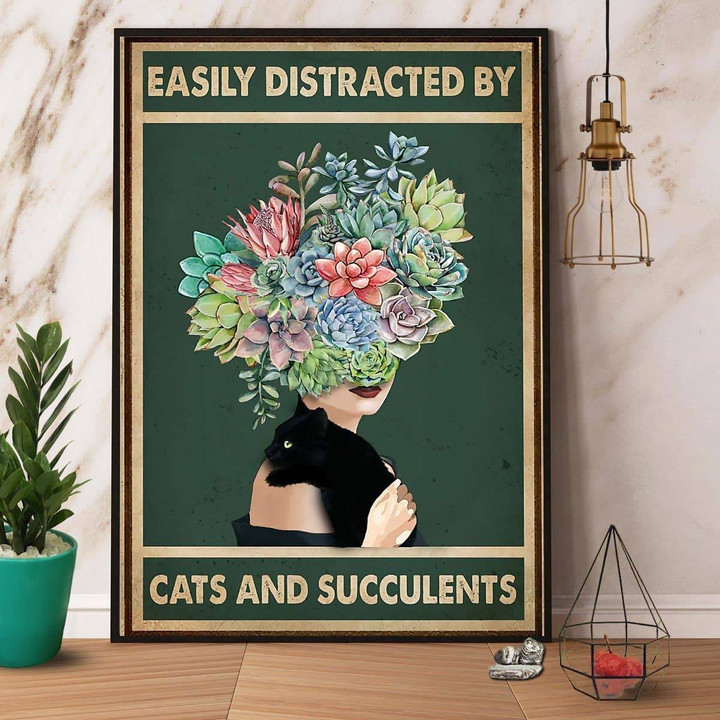 Black Cat Succulent Easily Distracted By Cats And Succulents Satin Portrait Wall Art Canvas - MakedTee