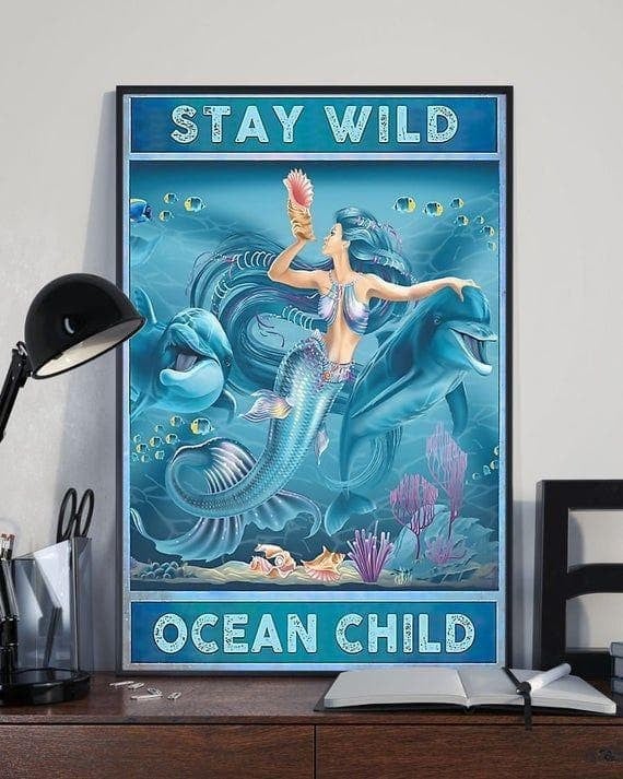 Mermaid Swimming Stay Wild Moon Child Vintage Poster Hippie Mermaid Wall Art Print Canvas - MakedTee