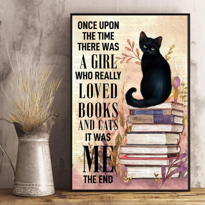 Black Cat The Time There Was A Girl Who Really Loved Books And Cat Once Upon A Time There Was A Girl Satin Portrait Wall Art Canvas - MakedTee
