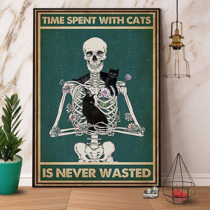 Black Cat & Skeleton Time Spent With Cats Is Never Wasted Satin Portrait Wall Art Canvas - MakedTee