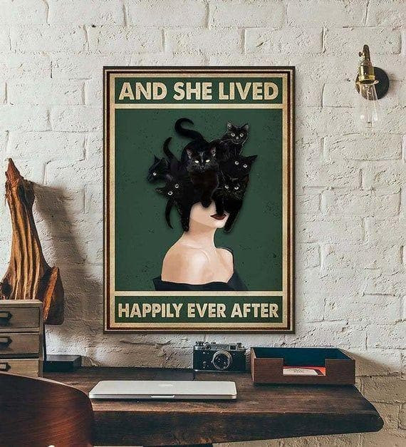 And She Lived Happily Ever After Cat Print Wall Art Decor Canvas - MakedTee