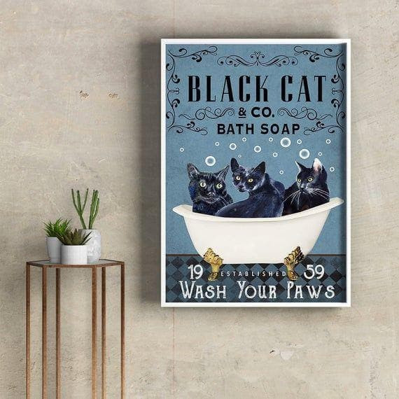 Black Cats Co Bath Soap Wash Your Paws Bathroom Decoration Printed Wall Art Decor Canvas - MakedTee