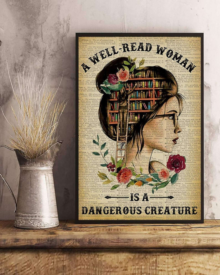 A Well Read Woman Is A Dangerous Creature Empowering Feminist Library Satin Portrait Wall Art Canvas - MakedTee