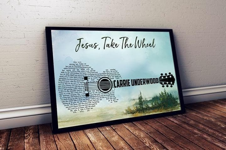 Carrie Underwood Jesus Take The Wheel Lyric Guitar Typography With Forrest Layer Poster Wall Art Print Decor Canvas - MakedTee