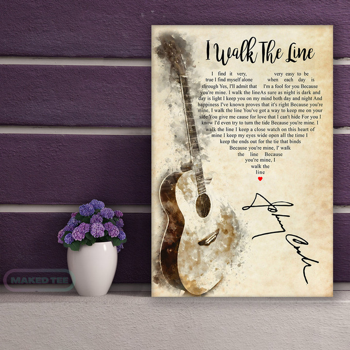 Johnny Cash I Walk The Line Lyrics Typography Guitar Signed For Fan Canvas Prints
