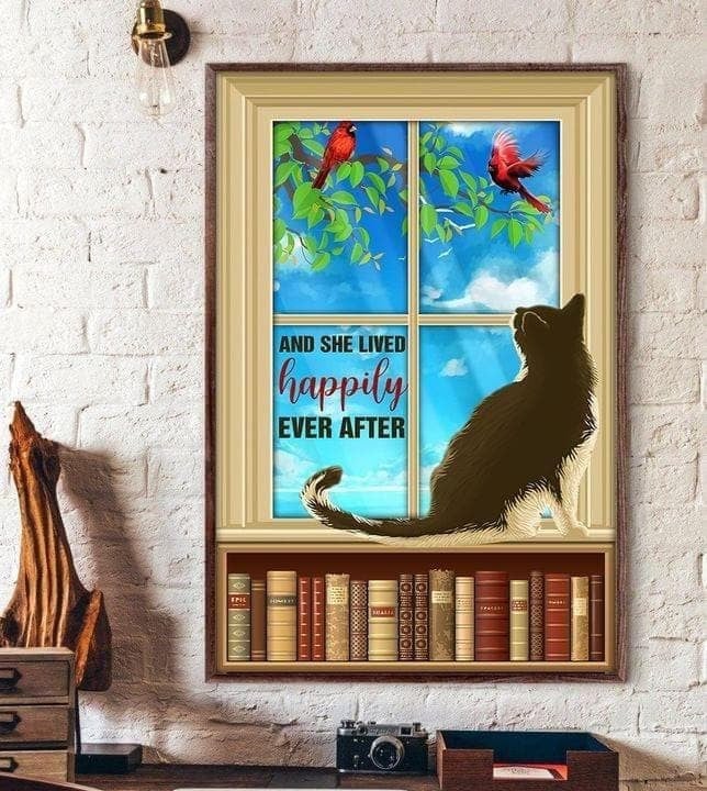 Cat And She Lived Happily Ever After Wall Art Print Canvas - MakedTee