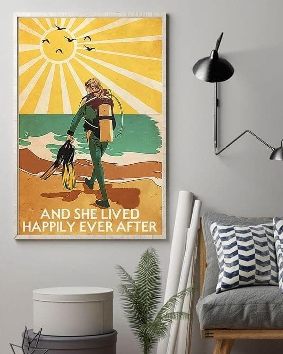 Scuba Diver And She Lived Happily Ever After Wall Art Print Canvas - MakedTee