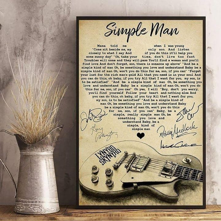 Lynyrd Skynyrd Simple Man Lyrics Heart All Members Signature Guitar Poster Wall Art Print Decor Canvas - MakedTee