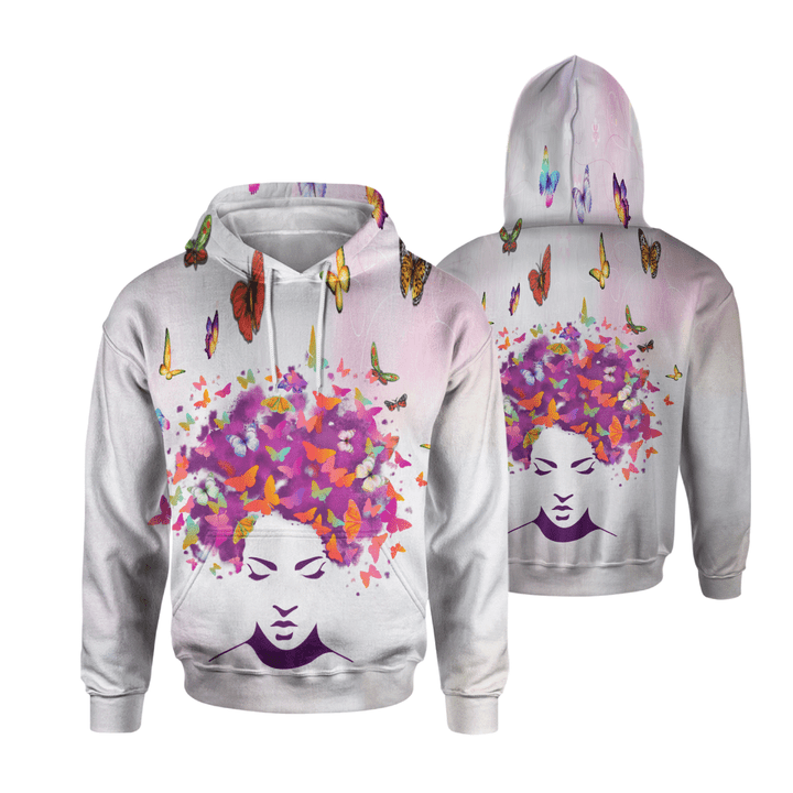 Black girl butterfly art all over print shirt 3d hoodie for woman natural hair colorful
