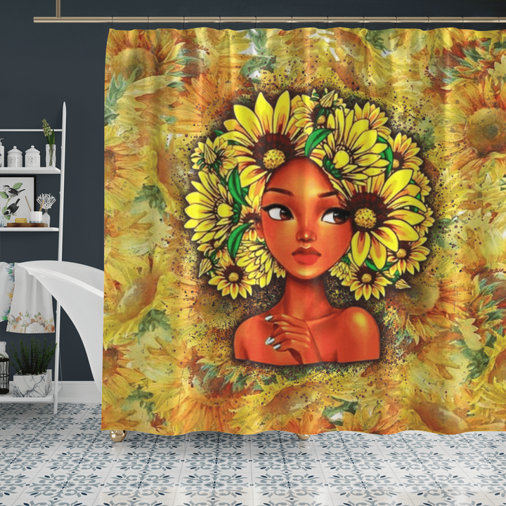 Sunflower girl art shower curtain for black girl sunflower shower curtain for afro girl