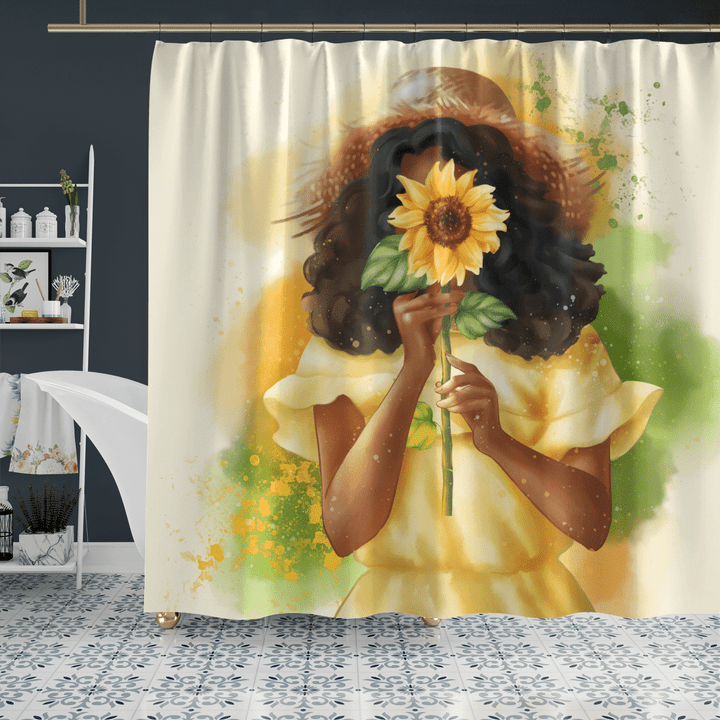 Sunflower girl shower curtain for black girl shower curtain for african american girl