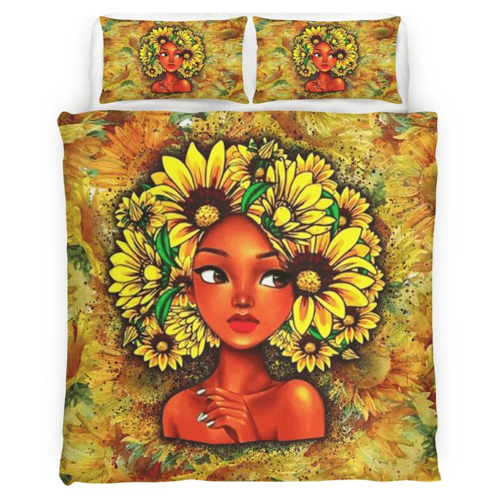 African girl bedding set all over print black girl afro beauty sun flower hairstyle bedding set