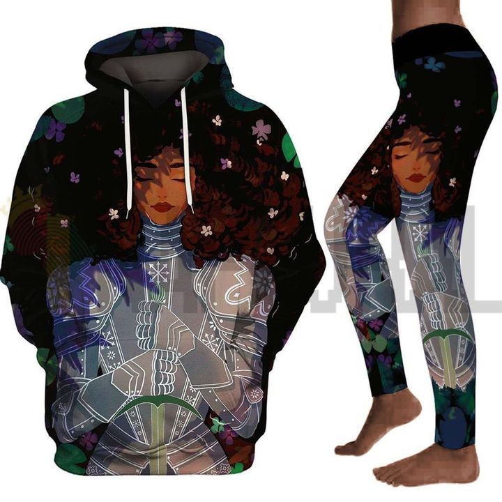 Black queen art all over print shirt 3d hoodie strong beauty afro lady knight legging set