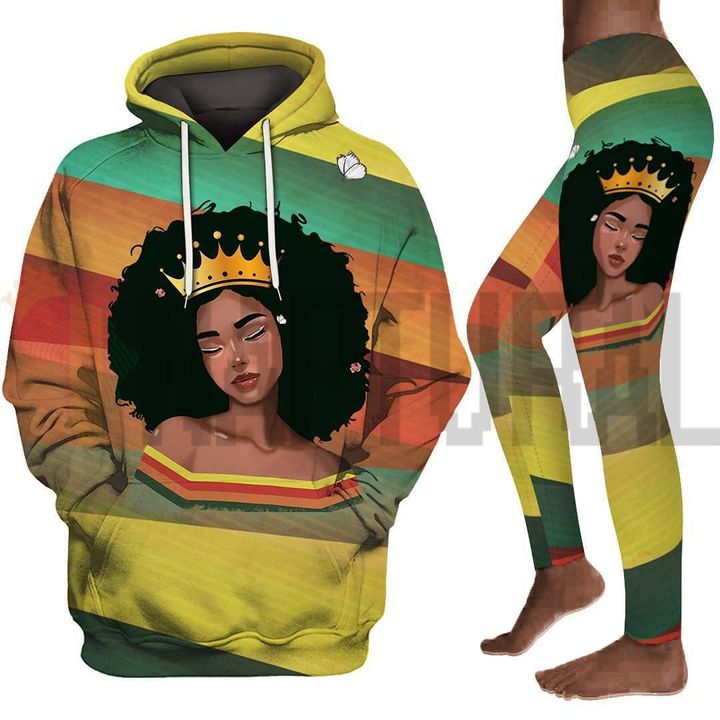 Afro queen retro art all over print shirt 3d hoodie for black girl magic legging set