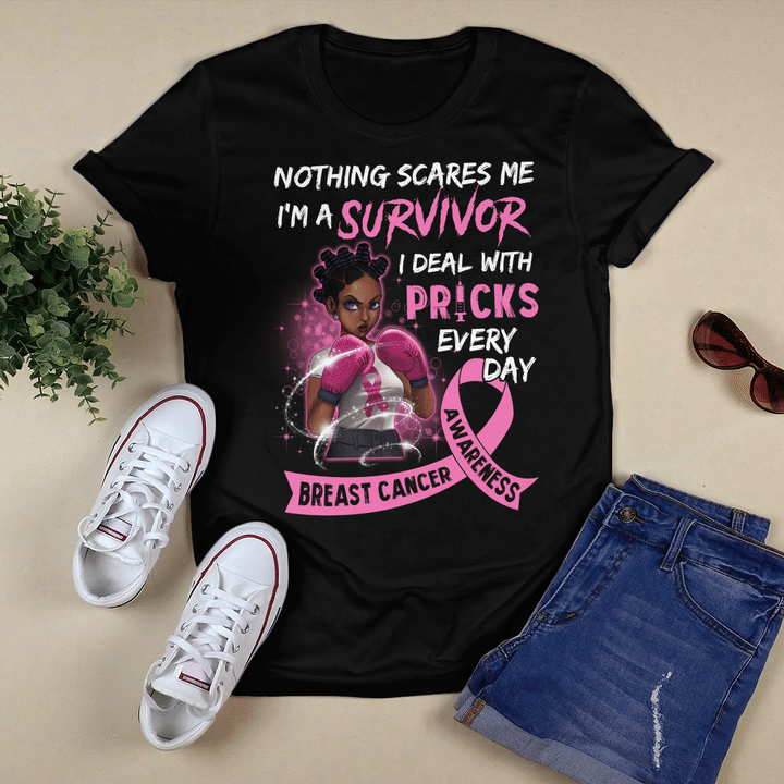 Breast cancer awareness tshirt for black woman shirt nothing scares me I'm a survivor breast cancer awareness shirts