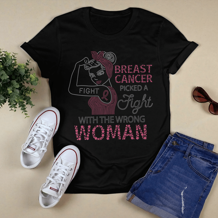 Breast cancer awareness tshirt for black woman shirt breast cancer picked a fight with the wrong woman breast cancer awareness shirts