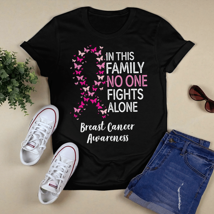Breast cancer awareness tshirt for black woman shirt in this family no one fights alone shirt