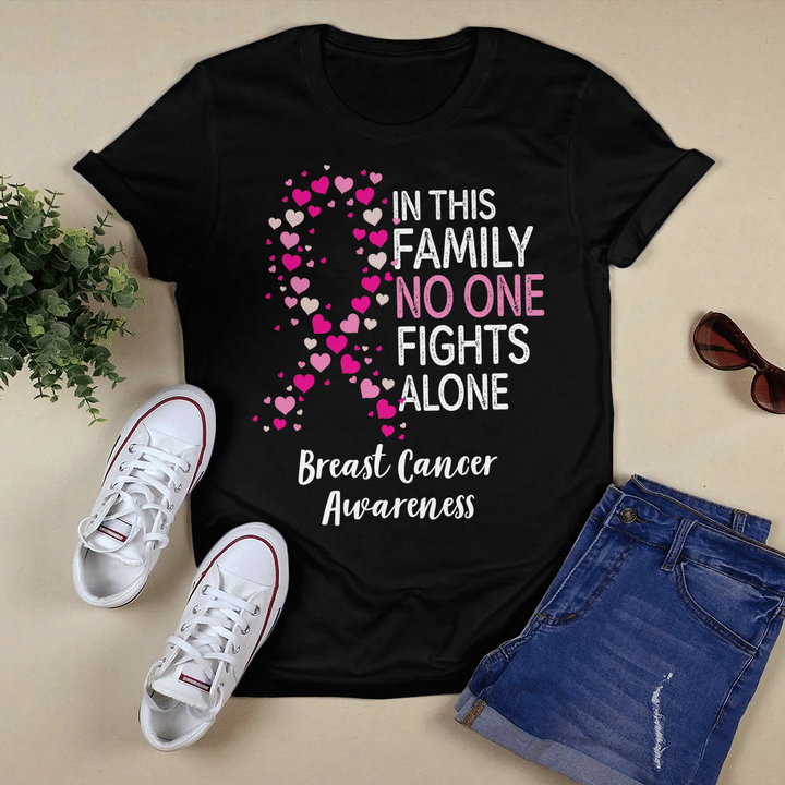 Breast cancer awareness tshirt for black woman shirt in this family no one fights alone shirt
