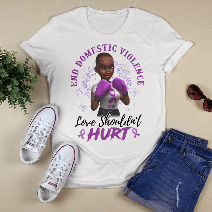 Domestic violence awareness tshirt in october i wear purple tshirt black girl end domestic violence love shouldn't hurt tshirt