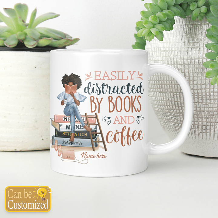 Easily distracted by books and coffee mug, personalized girl mug, custom girl mug birthday gift for book lovers, coffee lovers mug