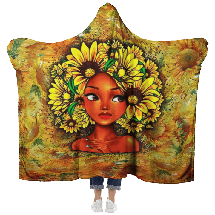 Sunflower girl art hooded blanket for black girl sunflower hair style hooded blanket