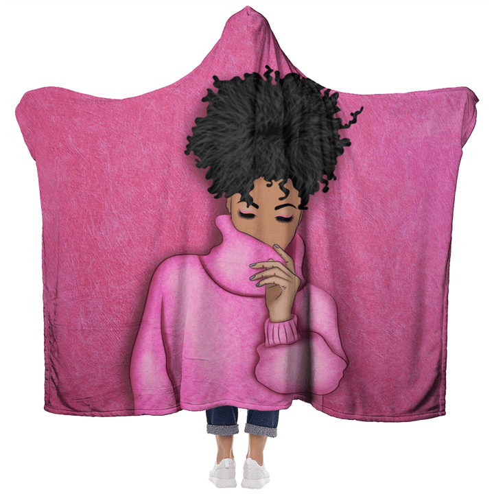 Hooded blanket for black girl art hooded blanket pink love afro puff