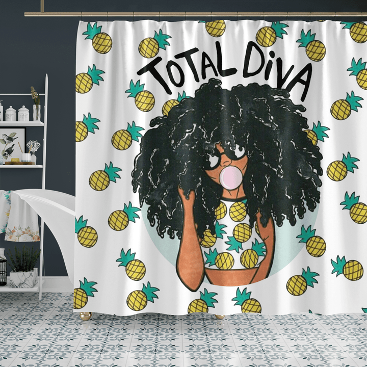Afro girl shower curtain for black girl total diva pineapple shower curtain for black women