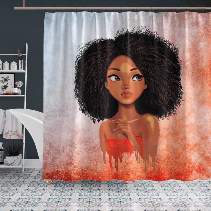 Afro girl shower curtain for black girl art shower curtain curly cute girl