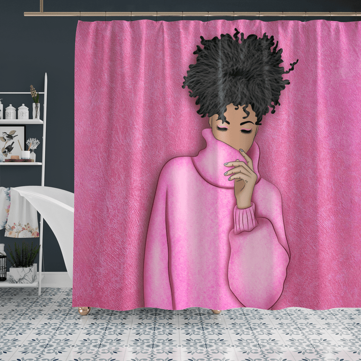 Black girl pink shower curtain for black girl art shower curtain pink love afro puff