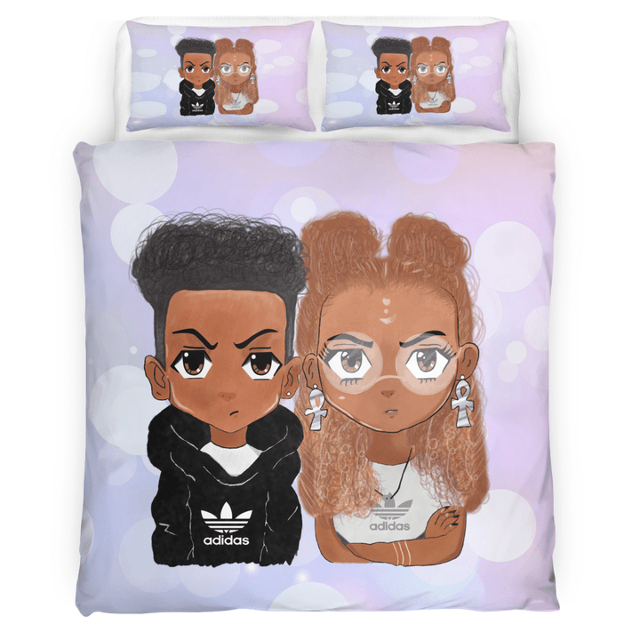 African couple bedding set all over print black young couple cute black chibi bedding set Valentine's day gift